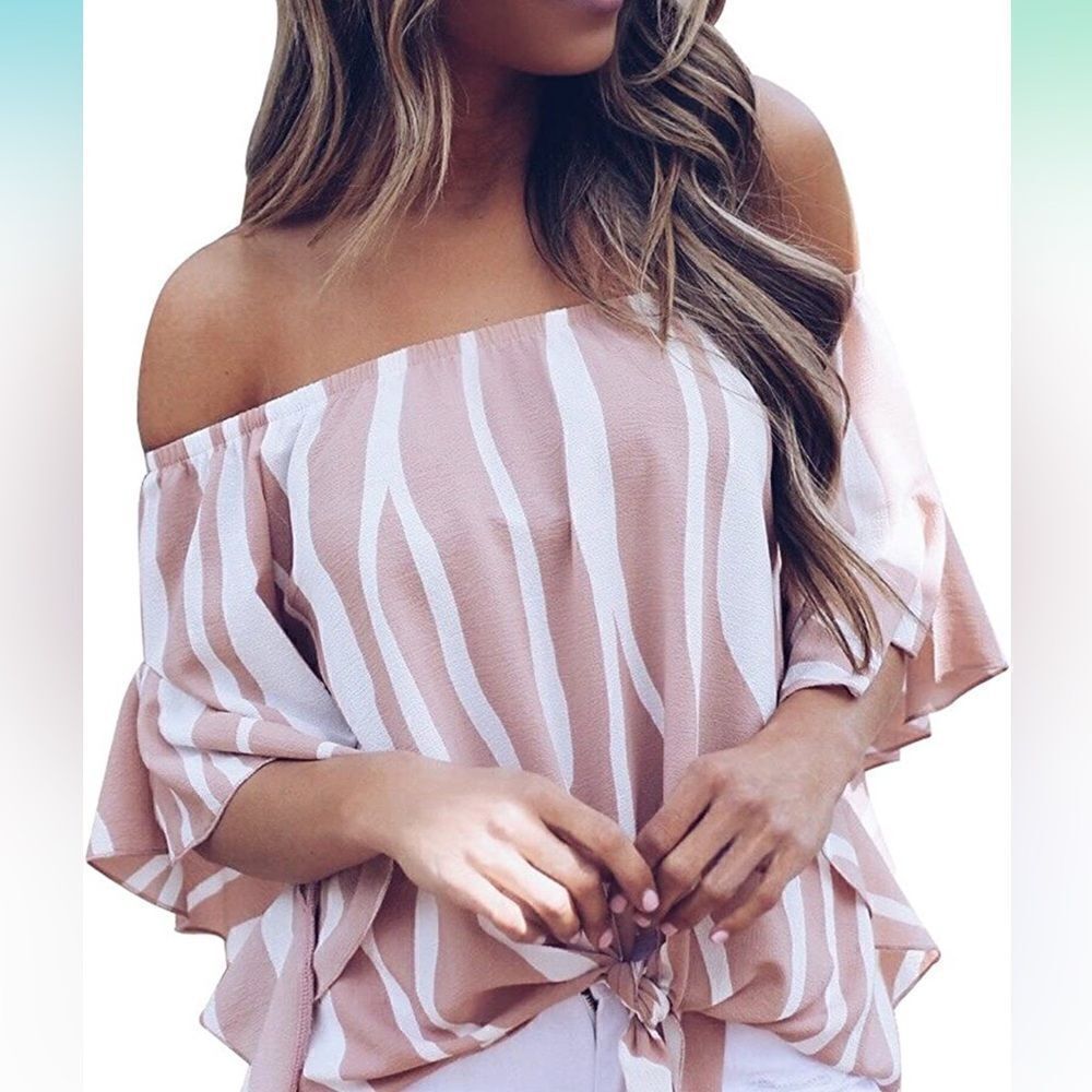 Asvivid Pink & White Off The Shoulder Top Flare Sleeve Tie Knot Blouses Size 2X